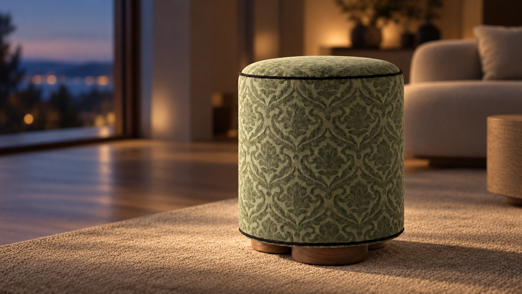 Grøn POUF i damask med mørkt kantbånd og træben i et skandinavisk hjem ved aftenstid